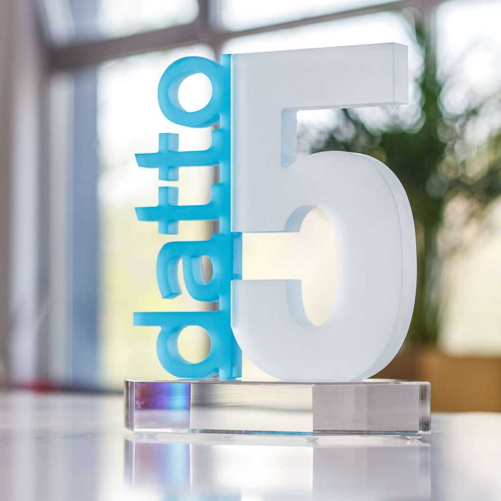 Glass base, 5 digit cut into 15mm glass, water-jet cut and fully sandblasted. "Datto" glass cut by water-jet and printed transparent.