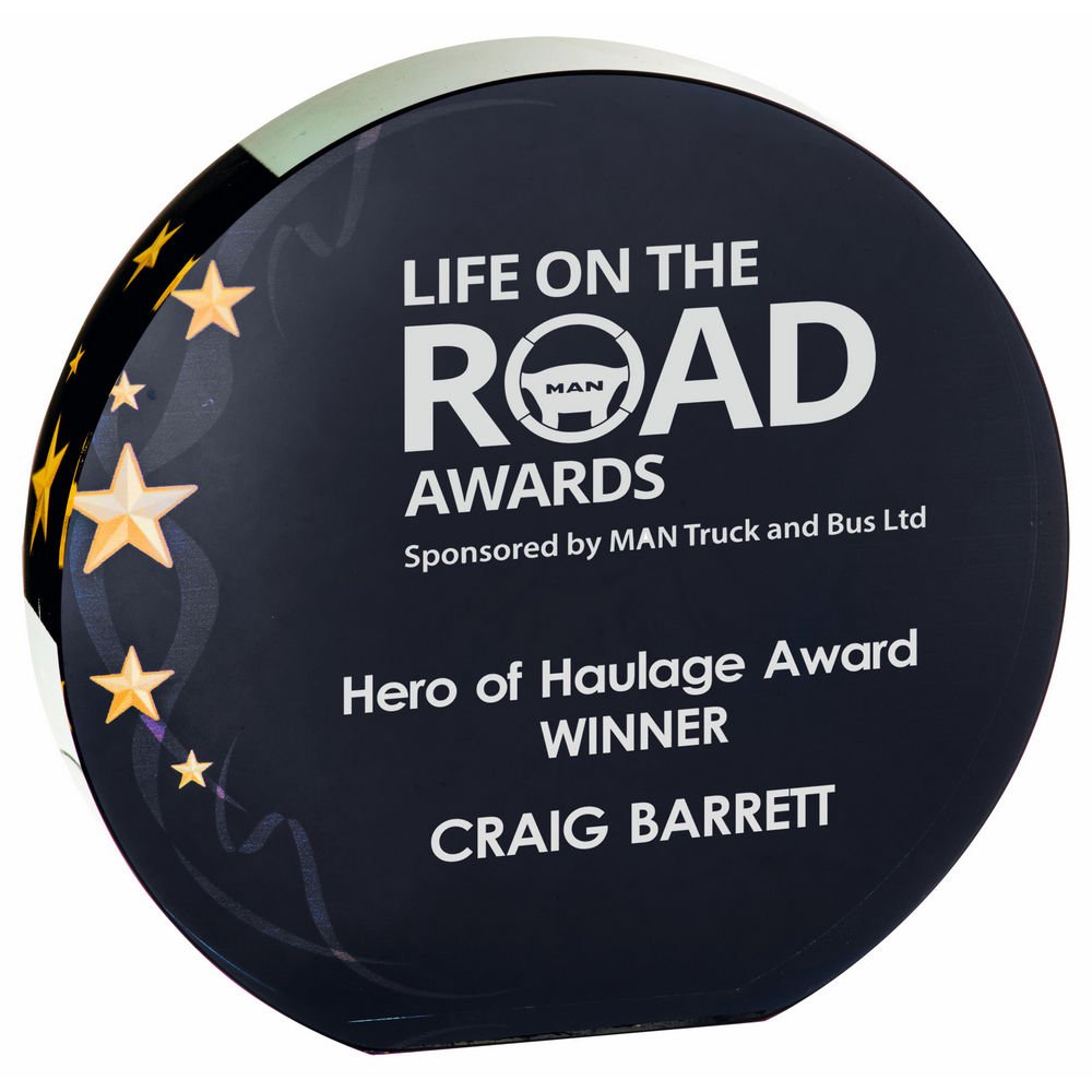 Circular Glass Award - Black Background with Gold Stars