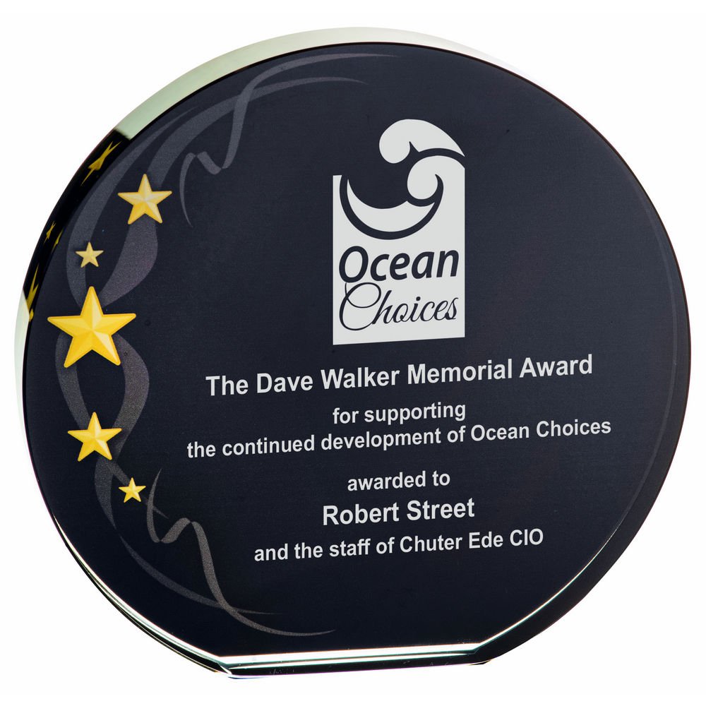 Circular Glass Award - Black Background with Gold Stars