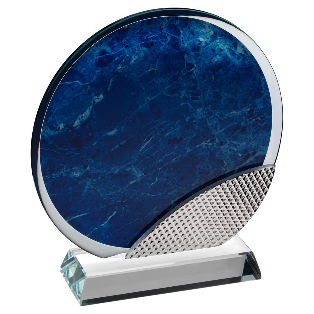 Blue Marble Backed Clear Glass Circle with Silver Detail