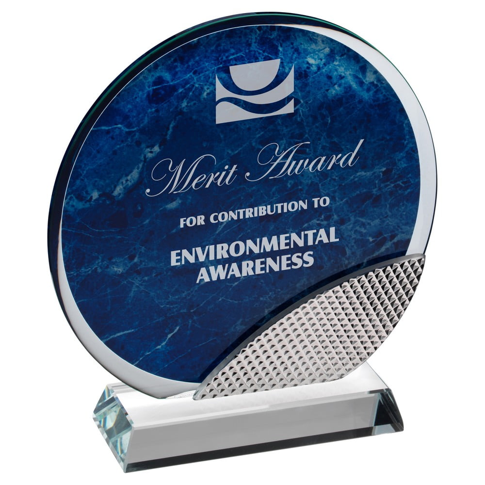 Blue Marble Backed Clear Glass Circle with Silver Detail