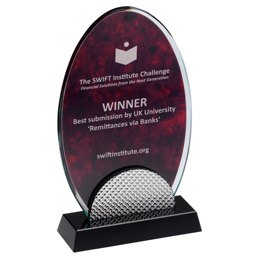 Red Marble Backed Clear Glass Oval with Silver Detail