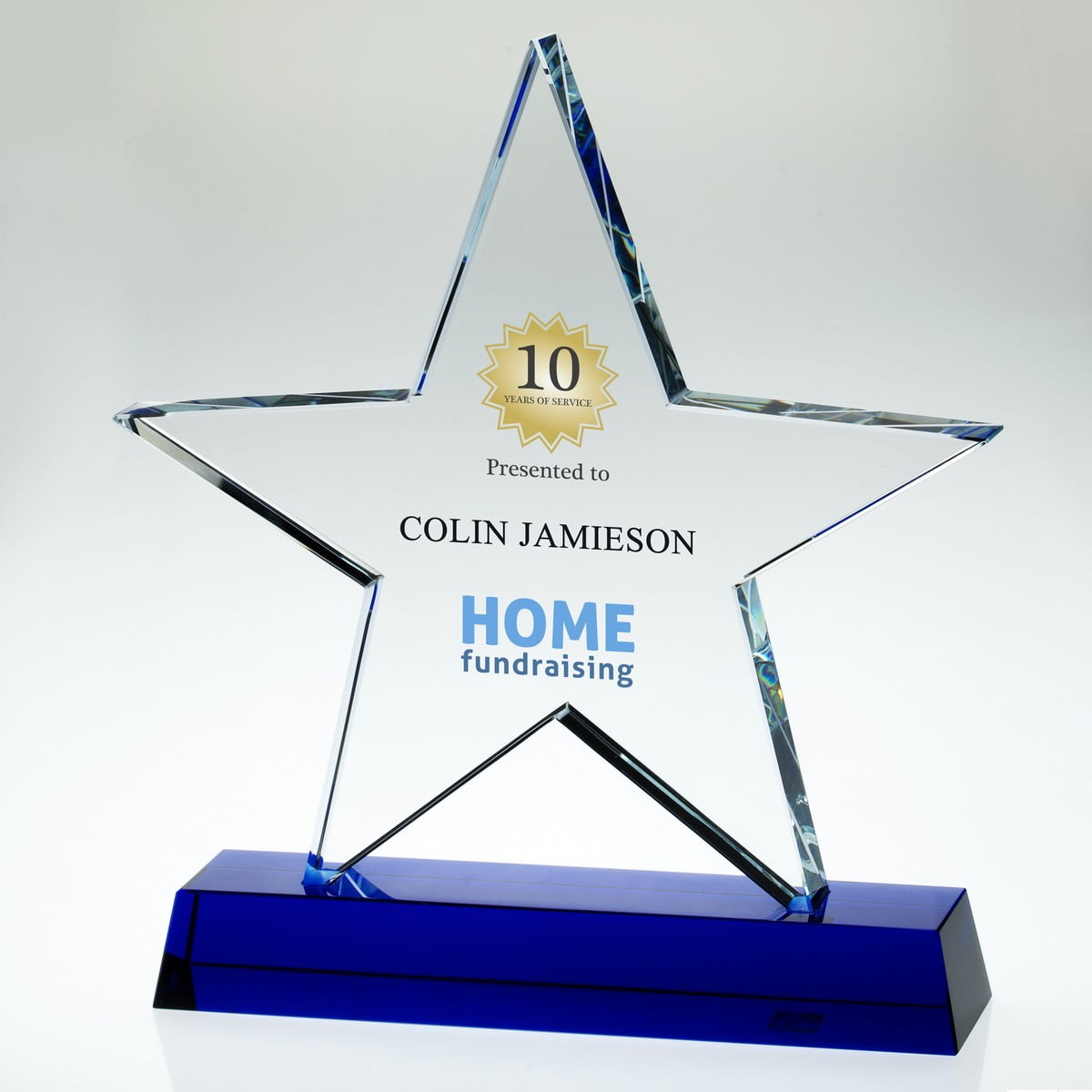 Clear Glass Star Plaque on Blue Base