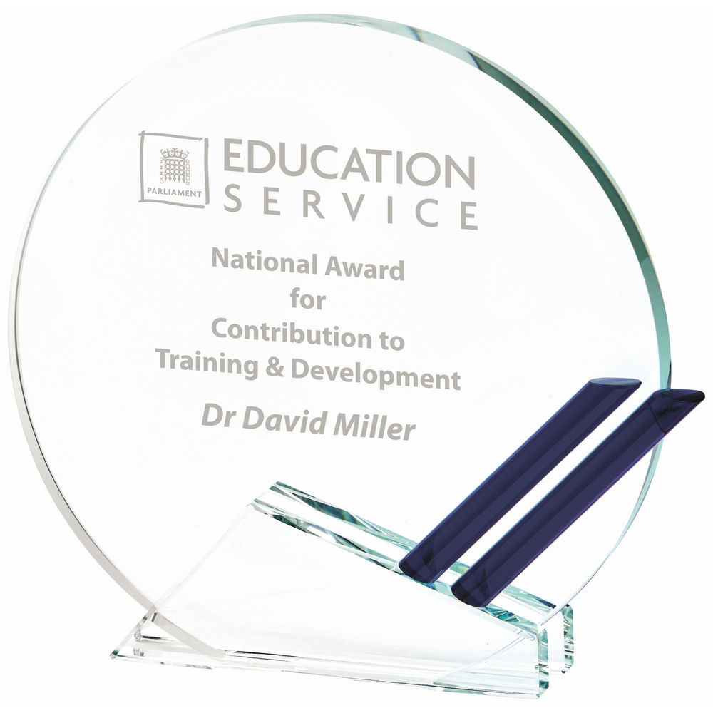 Clear Glass Round Stand with Blue Trim